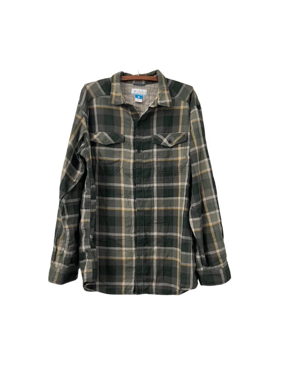 Columbia Mens Green Yellow Plaid Woven Cotton Long Sleeve Button Shirt Size XL